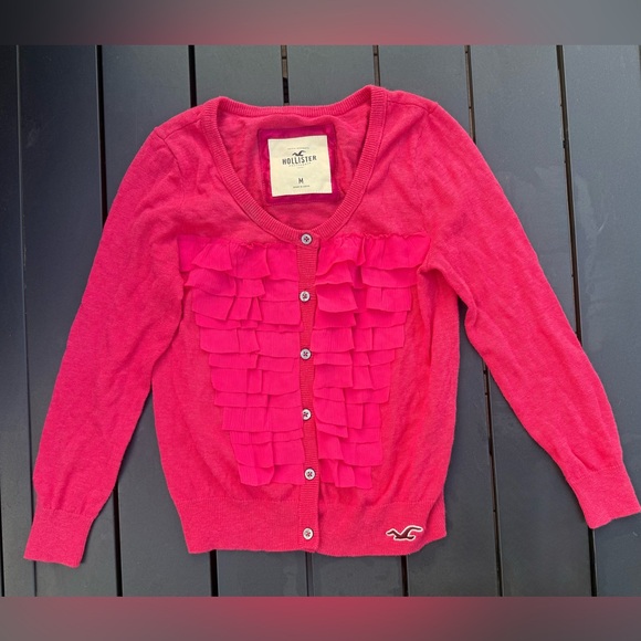Y2K Hollister Hot Pink Tiered Ruffle Cardigan Sweater Women’s size Medium - Picture 1 of 9